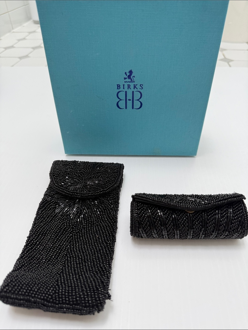 Birks | Vintage Black Beaded Sunglass & Lipstick Holder Case Set